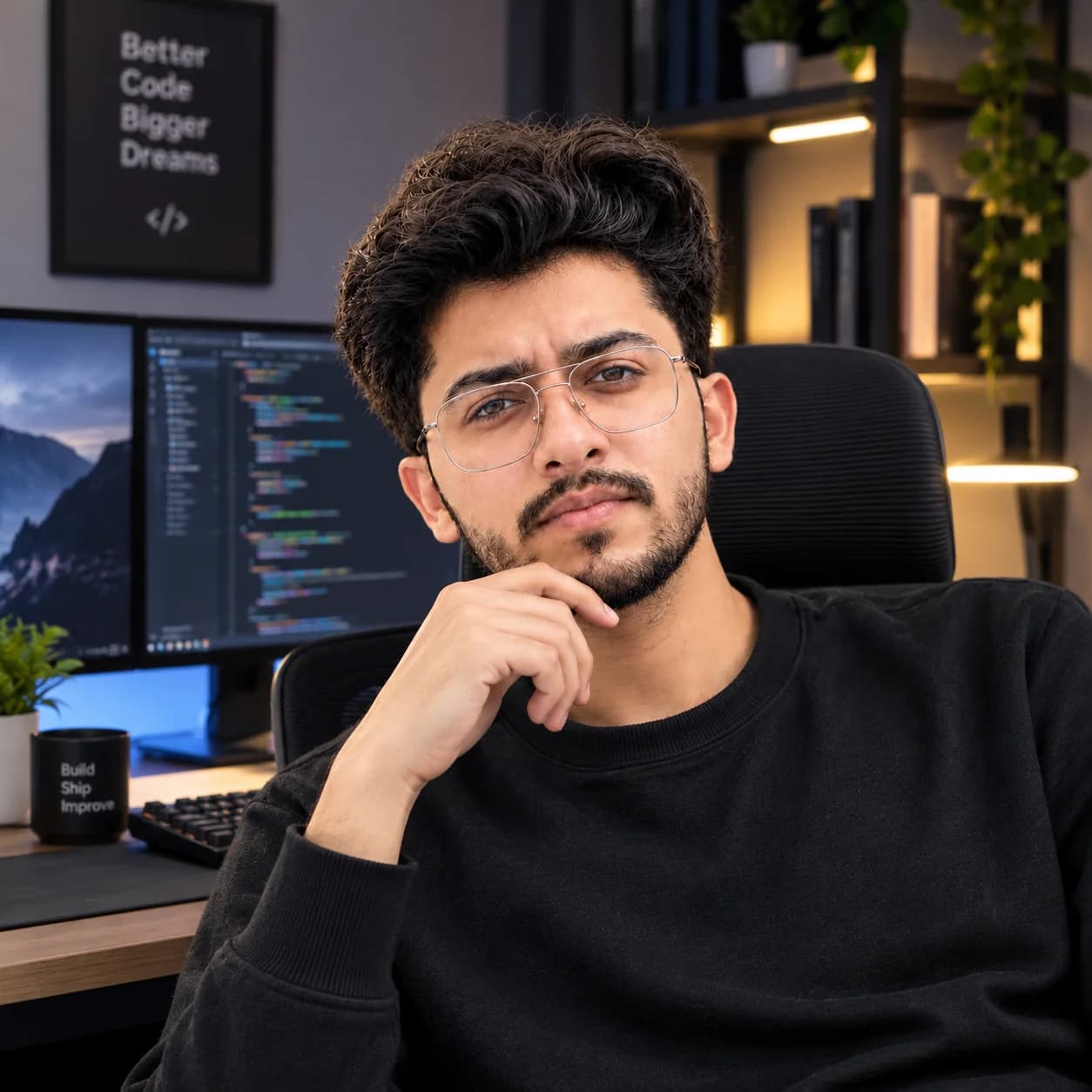 Mudassir Asghar thoughtful developer in moody workspace